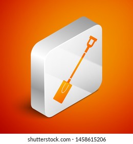 Isometric Garden shovel icon isolated on orange background. Gardening tool. Tool for horticulture, agriculture, farming. Silver square button. Vector Illustration