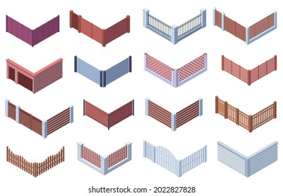 Isometric garden or suburban house 3d gate fences. Wooden, metal trellises, stone gate fences vector illustration set. Courtyard fencing, brick wall border with entrance. Private area