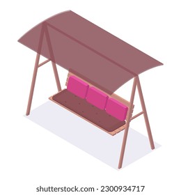 El columpio de jardín isométrico. Alojamiento en el patio trasero o en el parque de la ciudad, mobiliario de madera de veraneo. Ilustración vectorial 3d con oscilación de jardín moderno