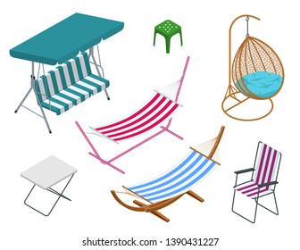 Isometric garden swings isolated on white background. Place for outdoor recreation. Set of Garden swings