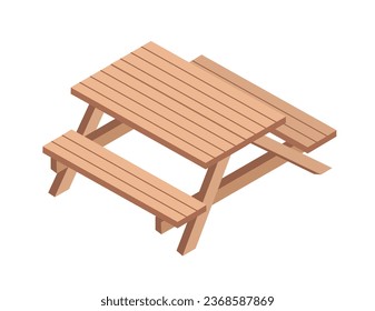 Concepto de mesa de jardín isométrico. La decoración y el interior del patio trasero. Dos bancos cerca de la mesa. Plantilla, disposición y burla. Ilustración vectorial 3D de dibujos animados aislada en fondo blanco