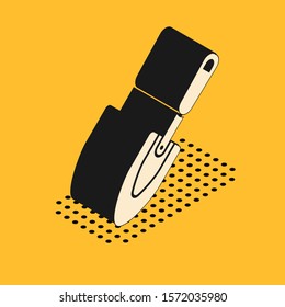 Isometric Garden trowel spade or shovel icon isolated on yellow background. Gardening tool. Tool for horticulture, agriculture, farming.  Vector Illustration