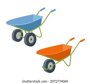 Isometrisch aus Gartenruderobe, Vektorsymbol einzeln auf weißem Hintergrund. Radkarren für Zement, Sand oder Erde auf einem oder zwei Rädern. Cartoon-Flachgrafik