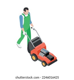 Isometric gardener in uniform with lawn mower 3d vector illustration