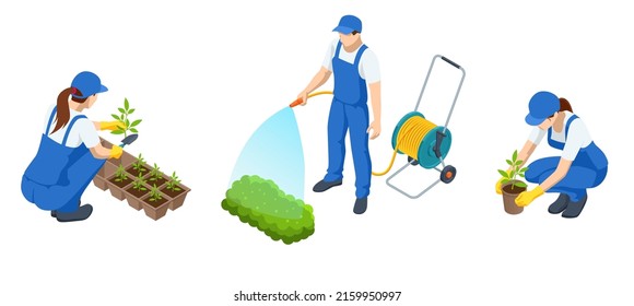 Isometric gardeners, farmers and workers caring for the garden, growing agricultural products. Seedlings in biodegradable pots, farmer with a wheelbarrow with seedling