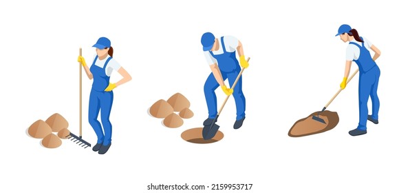 Isometric gardeners, farmers and workers caring for the garden, growing agricultural products. Worker digs the black soil with shovel in the vegetable garden