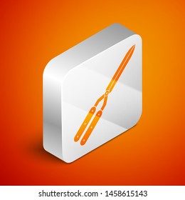 Isometric Gardening handmade scissors for trimming icon isolated on orange background. Pruning shears with wooden handles. Silver square button. Vector Illustration