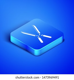 Isometric Gardening handmade scissors for trimming icon isolated on blue background. Pruning shears with wooden handles. Blue square button. Vector Illustration