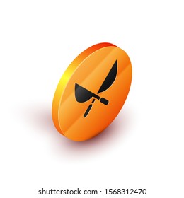 Isometric Gardening handmade scissors for trimming icon isolated on white background. Pruning shears with wooden handles. Orange circle button. Vector Illustration