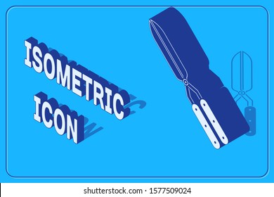 Isometric Gardening handmade scissors for trimming icon isolated on blue background. Pruning shears with wooden handles.  Vector Illustration
