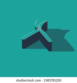 Isometric Gardening handmade scissors for trimming icon isolated on green background. Pruning shears with wooden handles.  Vector Illustration