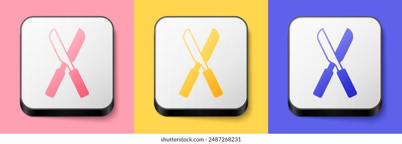 Isometric Gardening handmade scissors for trimming icon isolated on pink, yellow and blue background. Pruning shears with wooden handles. Square button. Vector