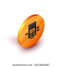 Isometric Gas boiler with a burning fire icon isolated on white background. Orange circle button. Vector