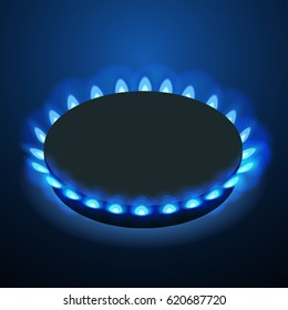 Isometric gas burner or hob on a black background. Vector Blue flame