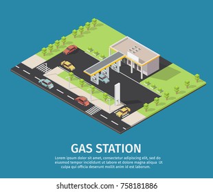 Isometric Gas filling station Vector flat illustration of oil service for with shop elements and background
