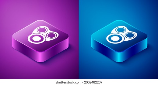 Isometric Gas mask icon isolated on blue and purple background. Respirator sign. Square button. Vector