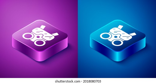 Isometric Gas mask icon isolated on blue and purple background. Respirator sign. Square button. Vector