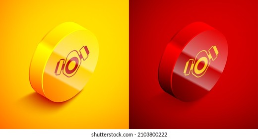 Isometric Gas mask icon isolated on orange and red background. Respirator sign. Circle button. Vector