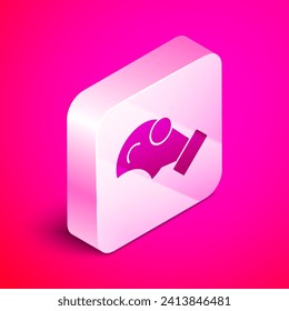 Isometric Gas mask icon isolated on pink background. Respirator sign. Silver square button. Vector