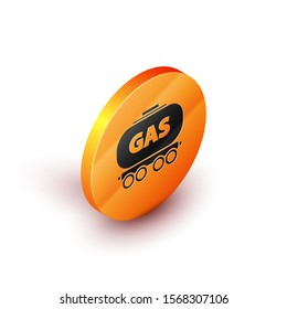 Isometric Gas railway cistern icon isolated on white background. Train gasoline tank on railway car. Rail freight. Orange circle button. Vector Illustration