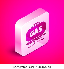 Isometric Gas railway cistern icon isolated on pink background. Train gasoline tank on railway car. Rail freight. Silver square button. Vector Illustration