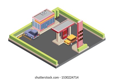 isometric gas station, car, parking lot convenience store, vector illustration