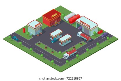 Isometric gas station concept with refueling trucks automobiles shop cafe car washing buildings and barrels of fuel vector illustration