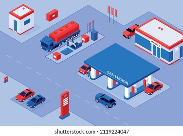 Composición horizontal de la gasolinera isométrica con escenarios al aire libre y edificios de estaciones de gasolina con refugio y coches ilustración vectorial