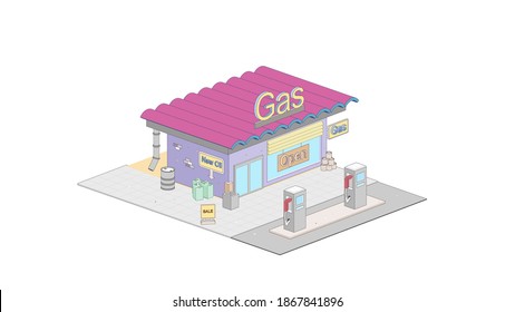 Isometric gas station on white background. Isometric concept of gas station