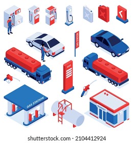 Isometrische Gasstation-Reihe von isolierten Symbolen mit Gebäuden Zisterne Tanks Tankwagen und Füllgeräte Vektorgrafik