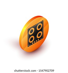 Isometric Gas stove icon isolated on white background. Cooktop sign. Hob with four circle burners. Orange circle button. Vector Illustration