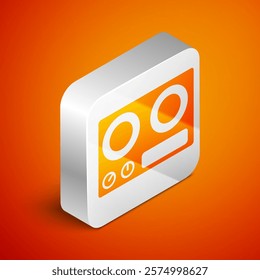 Isometric Gas stove icon isolated on orange background. Cooktop sign. Hob with four circle burners. Silver square button. Vector