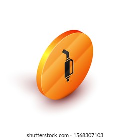 Isometric Gasoline pump nozzle icon isolated on white background. Fuel pump petrol station. Refuel service sign. Gas station icon. Orange circle button. Vector Illustration