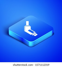 Isometric Gasoline pump nozzle icon isolated on blue background. Fuel pump petrol station. Refuel service sign. Gas station icon. Blue square button. Vector Illustration