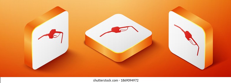 Isometric Gasoline pump nozzle icon isolated on orange background. Fuel pump petrol station. Refuel service sign. Gas station icon. Orange square button. Vector.