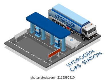 Isometrisches Tankschiff auf Wasserstofftankstelle. Lastkraftwagen mit Tank für den Flüssigwasserstoffertransport. Realistische 3D-Vektorgrafik einzeln auf weißem Hintergrund