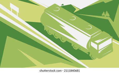Isometric Gasoline tanker rides on mountain road. Cargo fuel truck with tank for environmentally friendly fuel transporting. Vector illustration on green