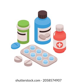 Composición gastroenterológica isométrica con visión de medicación con tubos y píldoras ilustración vectorial