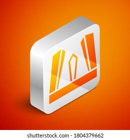 Isometric Gate of Europe icon isolated on orange background. The Puerta de Europa towers. Madrid city, Spain. Silver square button. Vector.