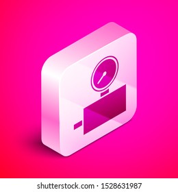 Isometric Gauge scale icon isolated on pink background. Satisfaction, temperature, manometer, risk, rating, performance, speed tachometer. Silver square button. Vector Illustration