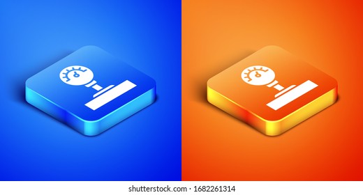 Isometric Gage scale icono aislado en fondo azul y naranja. Satisfacción, temperatura, manómetro, riesgo, calificación, rendimiento, tacómetro de velocidad. Botón cuadrado. Ilustración vectorial