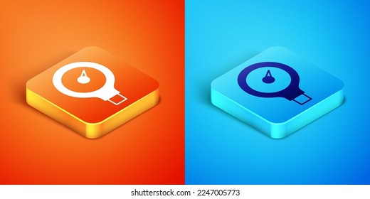 Isometric Gauge scale icon isolated on orange and blue background. Satisfaction, temperature, manometer, risk, rating, performance, speed tachometer.  Vector