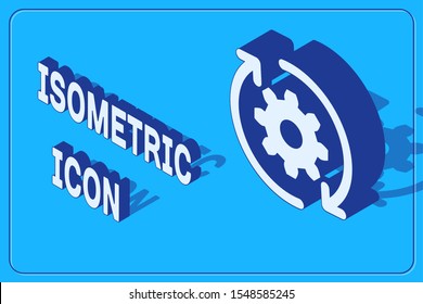 Isometric Gear and arrows as workflow concept icon isolated on blue background. Gear reload sign.  Vector Illustration