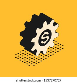 Isometric Gear with dollar symbol icon isolated on yellow background. Business and finance conceptual icon.  Vector Illustration