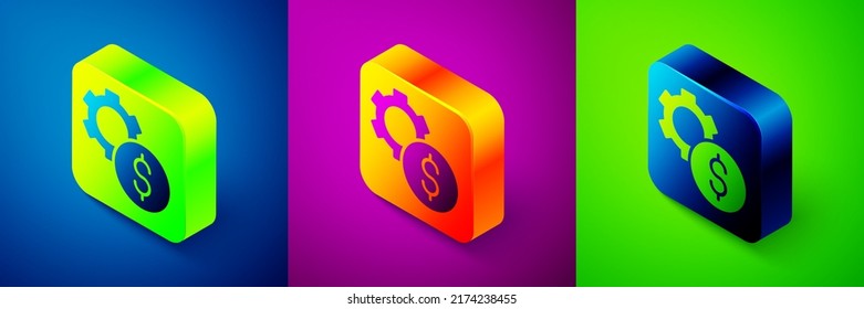 Isometric Gear con el símbolo del dólar aislado en fondo azul, púrpura y verde. Icono conceptual de negocios y finanzas. Botón cuadrado. Vector