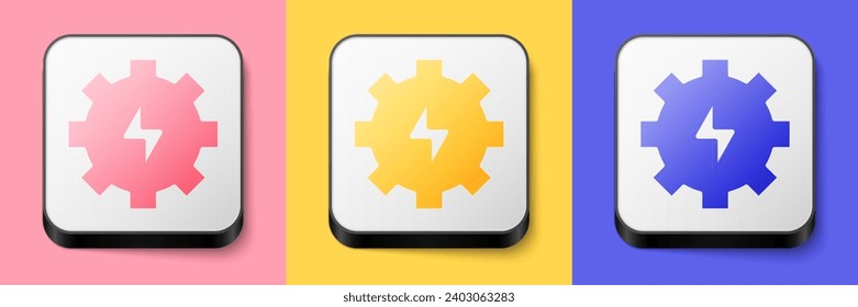 Isometric Gear and lightning icon isolated on pink, yellow and blue background. Electric power. Lightning bolt sign. Square button. Vector