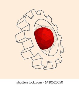 Isometric gear model on pink background. Precision machinery relative backdrop