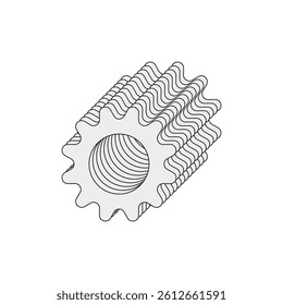 Isometric gear shape. Wavy mechanical element. Industrial outline vector. Tech component symbol.