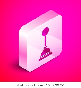 Isometric Gear shifter icon isolated on pink background. Manual transmission icon. Silver square button. Vector Illustration