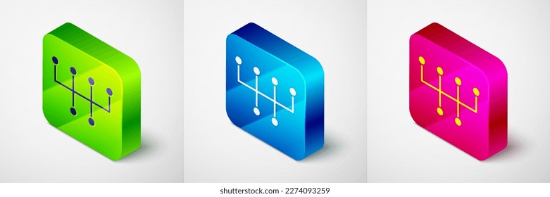 Isometric Gear shifter icon isolated on grey background. Transmission icon. Square button. Vector